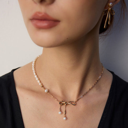 Vintage Bow & Pearl Chain Necklace