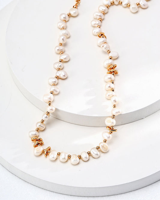 Irregular Pearl Beaded Necklace with Gold Spacer Beads