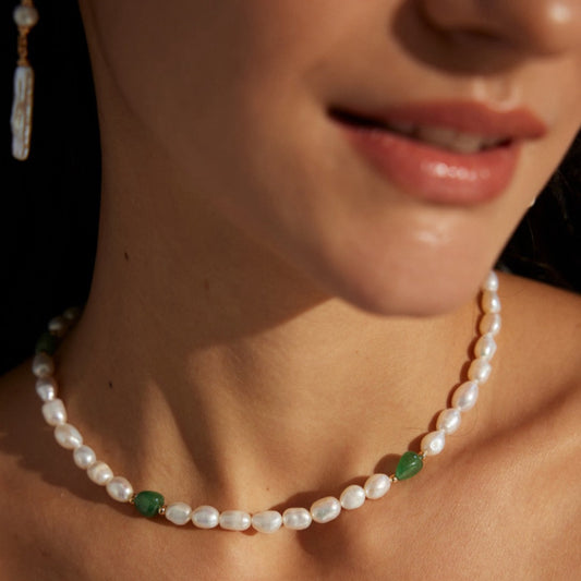 Freshwater Pearl & Green Aventurine Beaded Necklace Jewelry