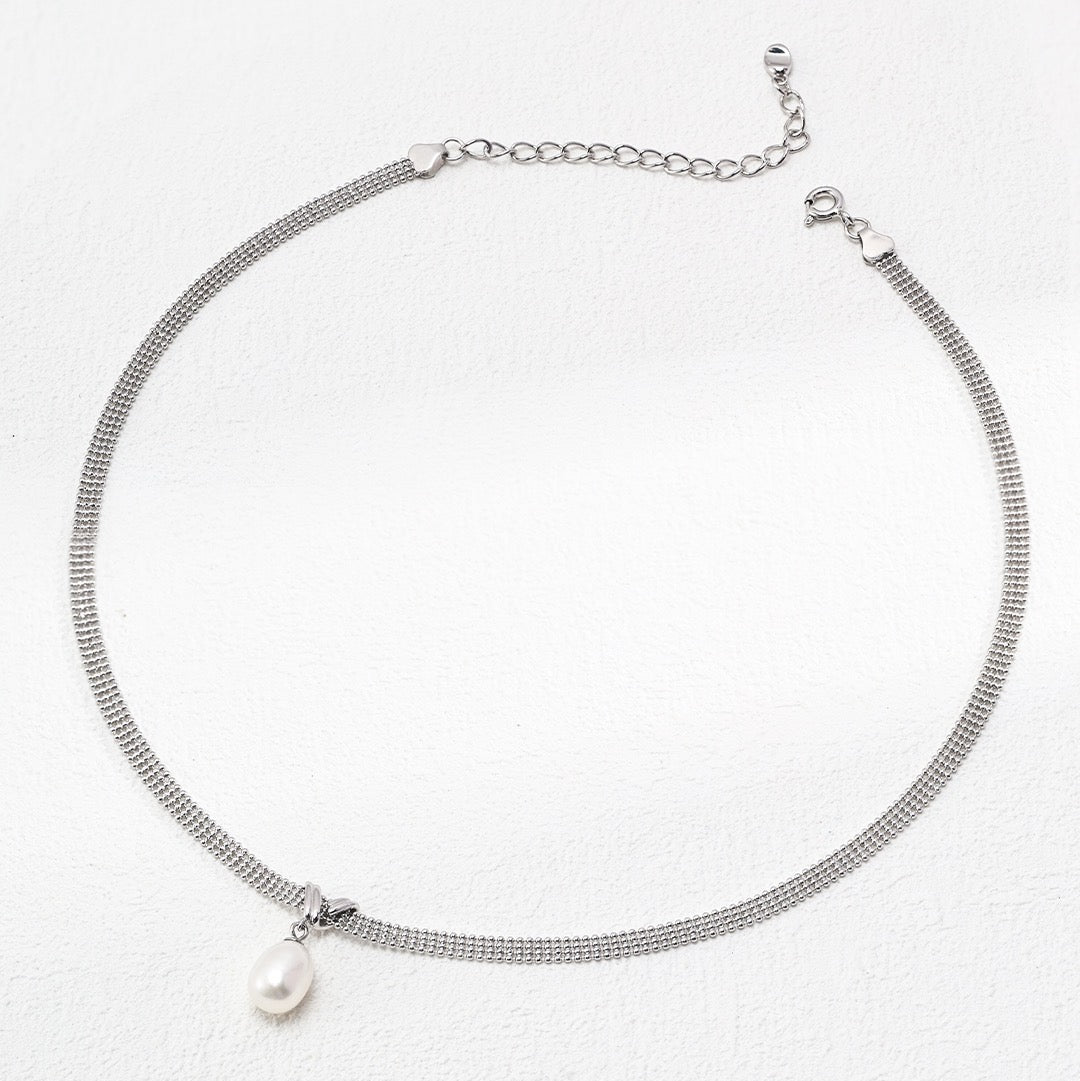 Double Layer Mesh Chain Pearl Necklace with Freshwater Pearl