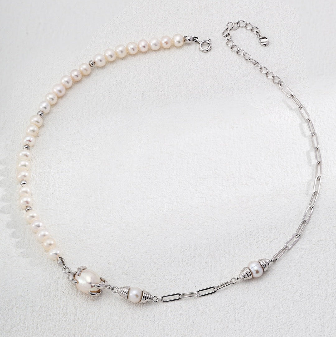 Asymmetric Natural Pearl & Gold Link Necklace with Baroque