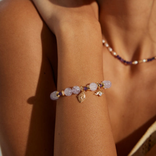 Lavender Amethyst Beaded Charm Bracelet with Gold Charms