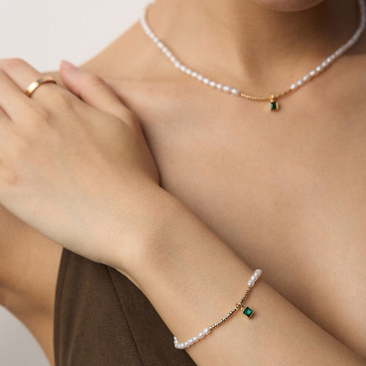 Natural Pearl & Green Zircon Necklace/Bracelet Set