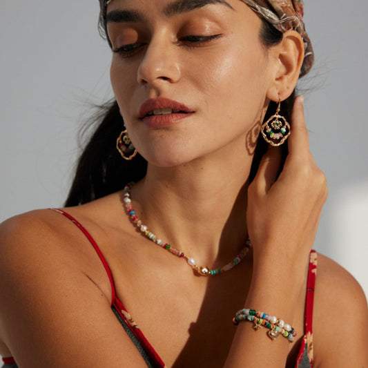 Dopamine Colored Gemstone & Pearl Jewelry Set Necklace