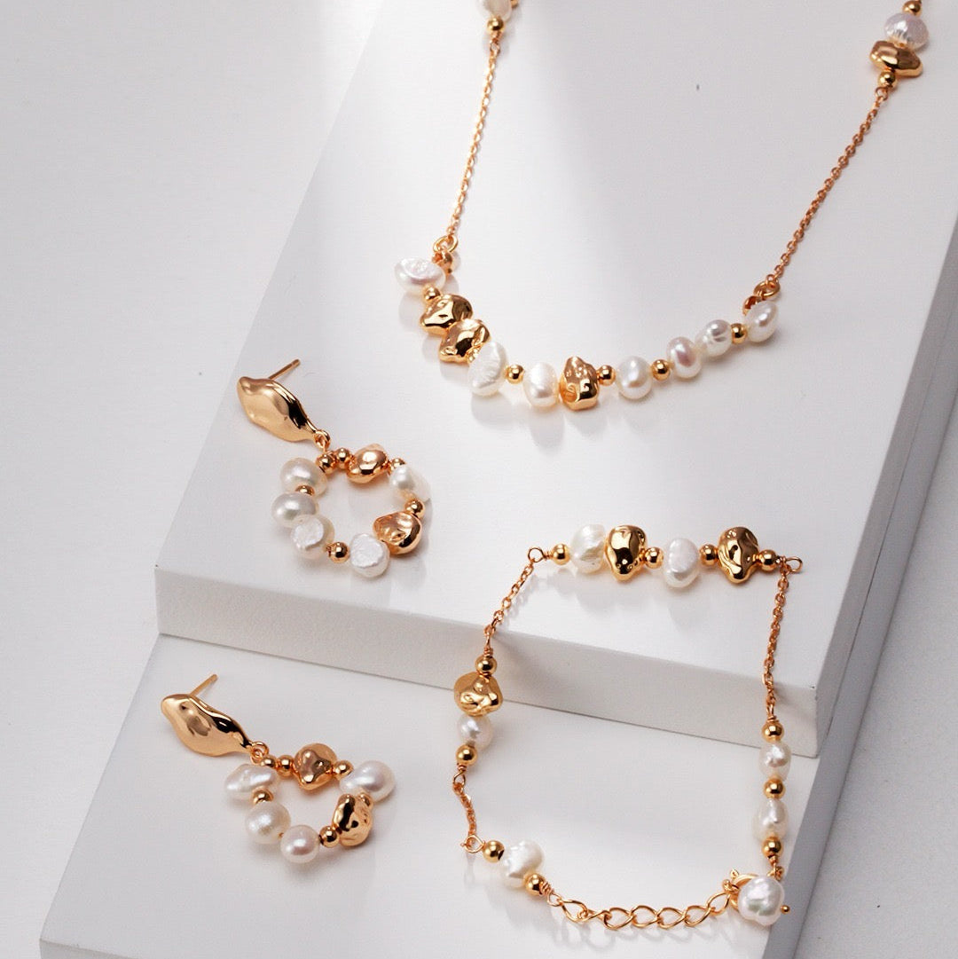 Golden Whisper Pearl Set Necklace Bracelet Earrings Jewelry