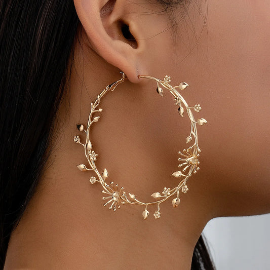 Vintage Leaf & Flower Hoop Earrings - Bold Elegance!