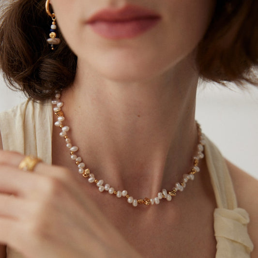Natural Pearl & Textured Gold Bead Necklace
