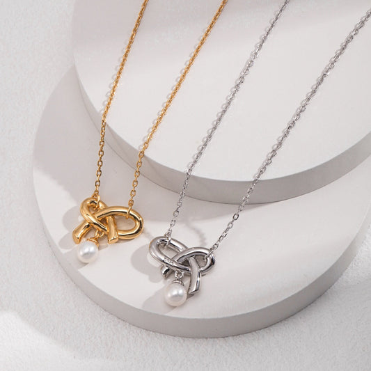 Intertwined Heart Knot Pearl Necklace
