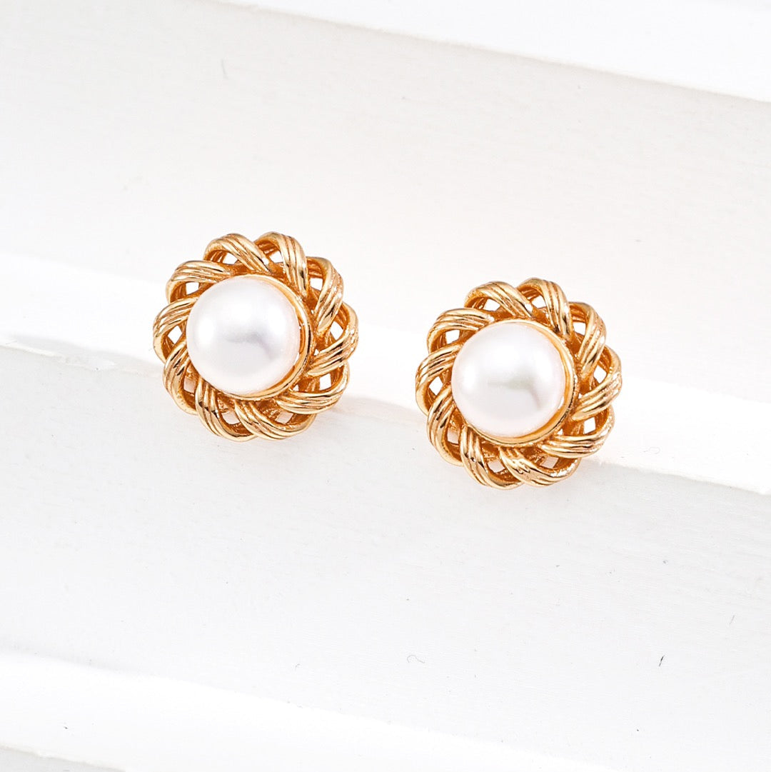 Vintage Woven Pearl Stud Earrings