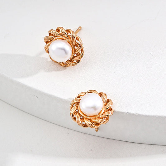 Vintage Woven Pearl Stud Earrings