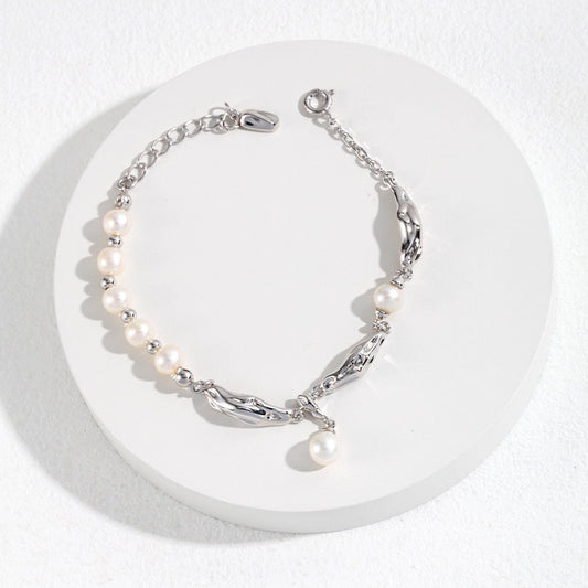 Silk Ribbon-Inspired Natural Pearl Bracelet