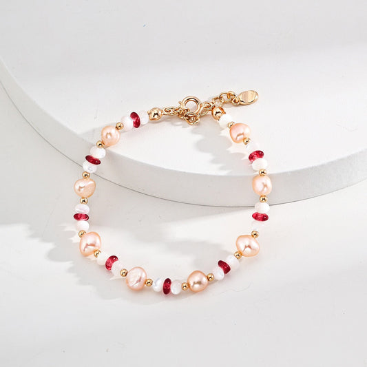 Freshwater Pearl Bracelet with Ruby & Mother-of-Pearl Beads
