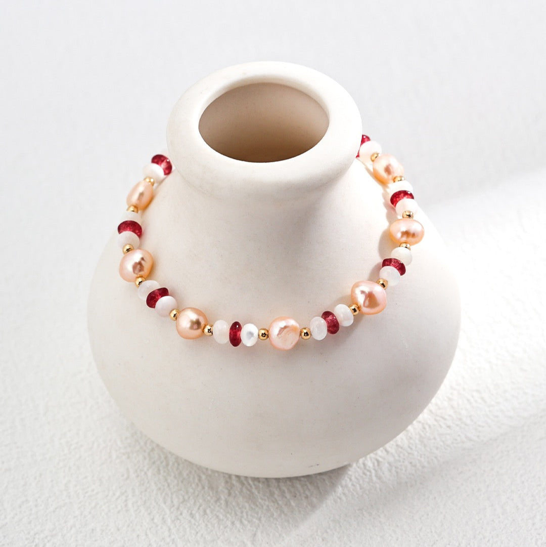 Freshwater Pearl Bracelet with Ruby & Mother-of-Pearl Beads