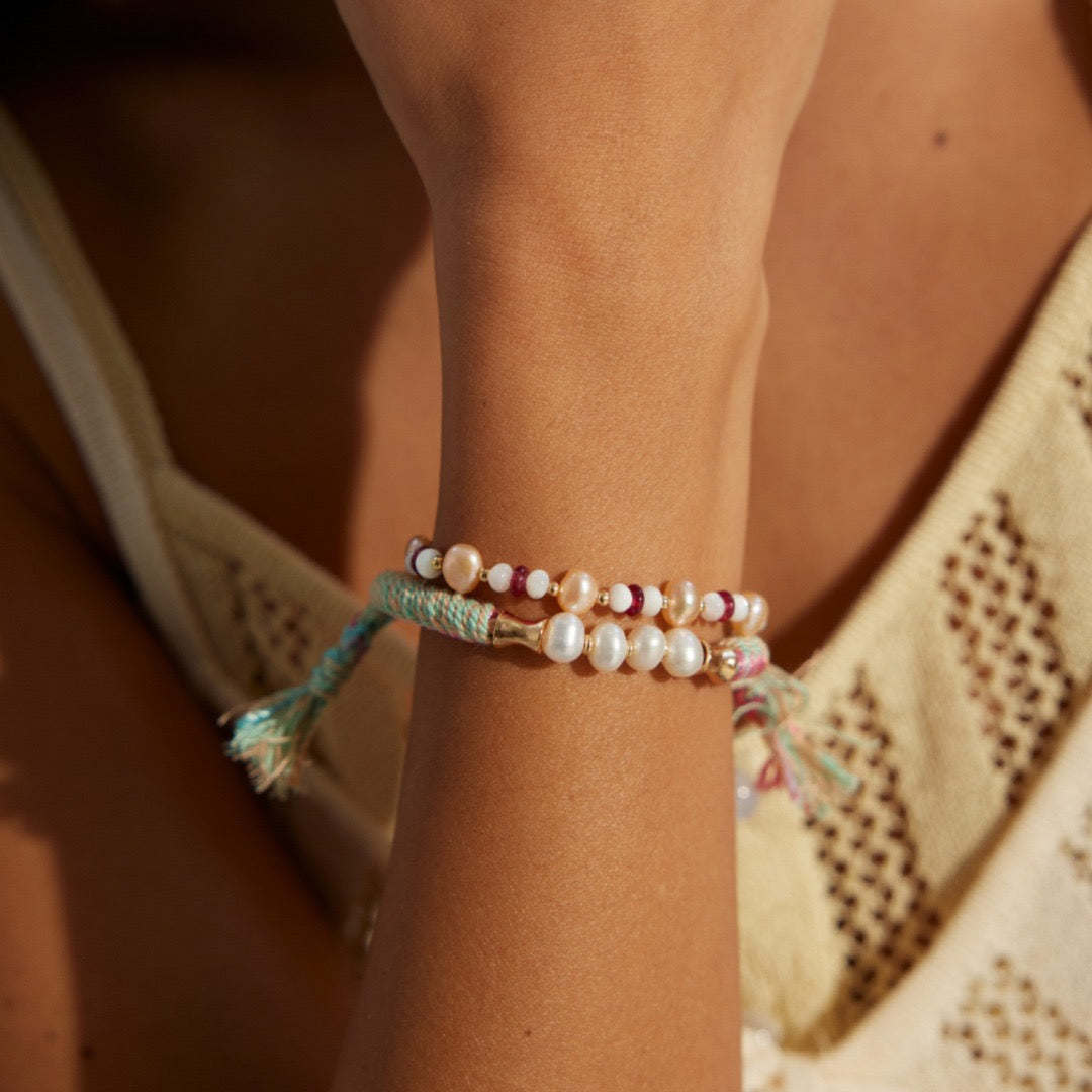 Freshwater Pearl Bracelet with Ruby & Mother-of-Pearl Beads