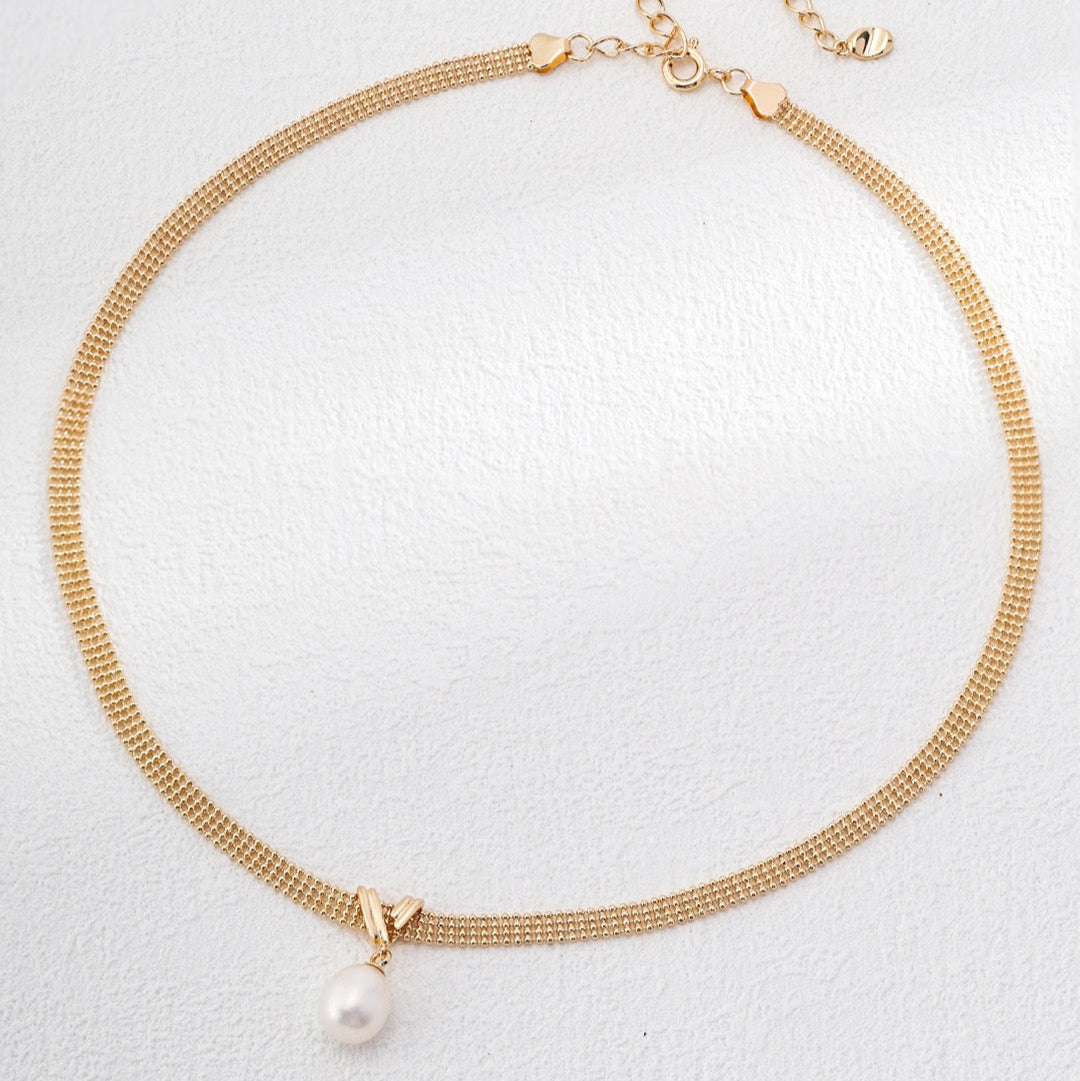 Double Layer Mesh Chain Pearl Necklace with Freshwater Pearl