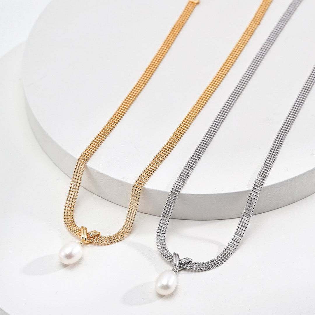 Double Layer Mesh Chain Pearl Necklace with Freshwater Pearl