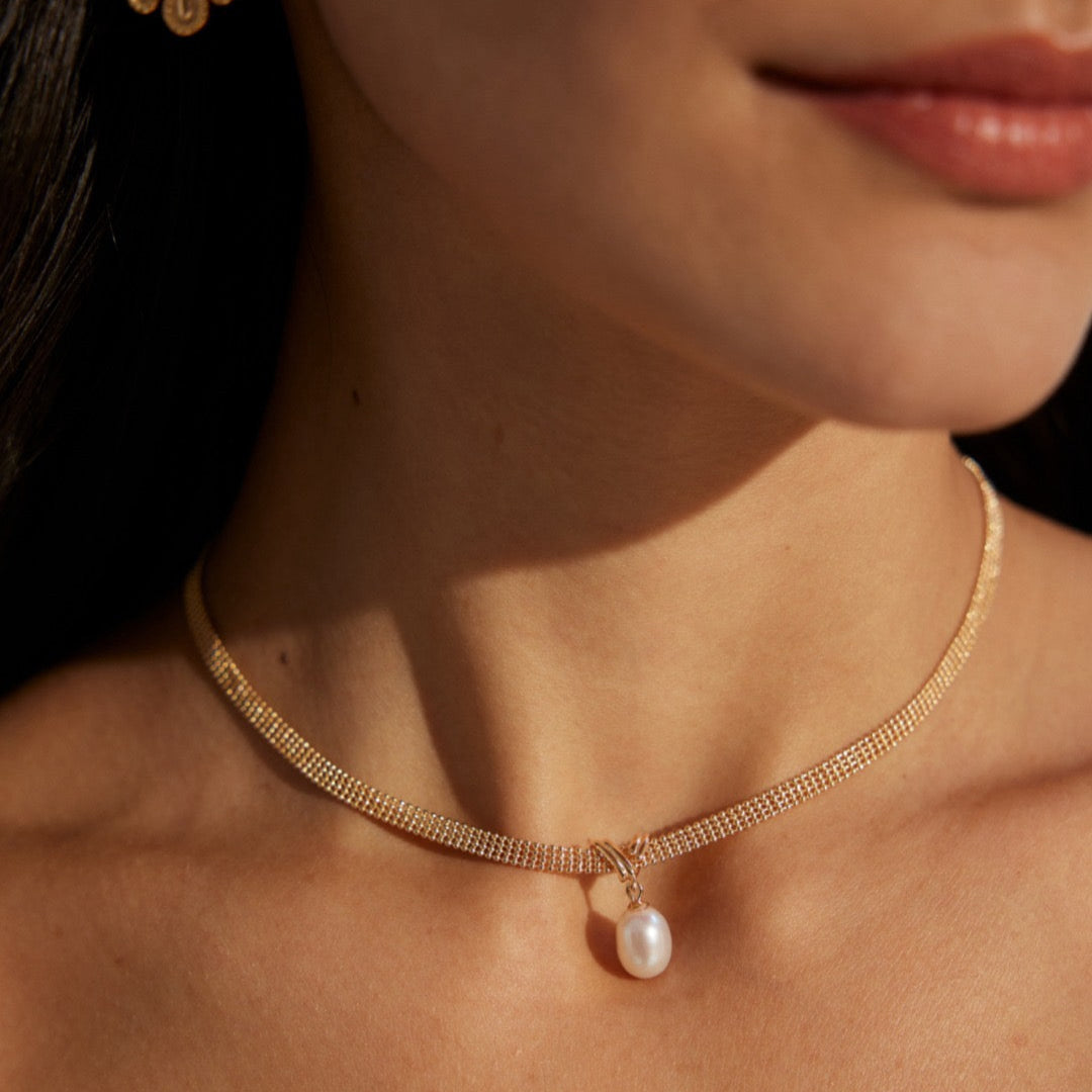 Double Layer Mesh Chain Pearl Necklace with Freshwater Pearl