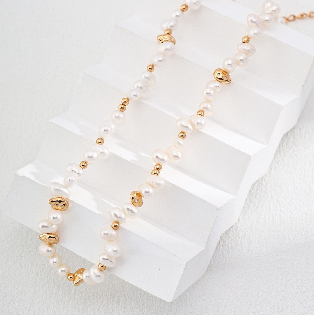 Natural Pearl & Textured Gold Bead Necklace