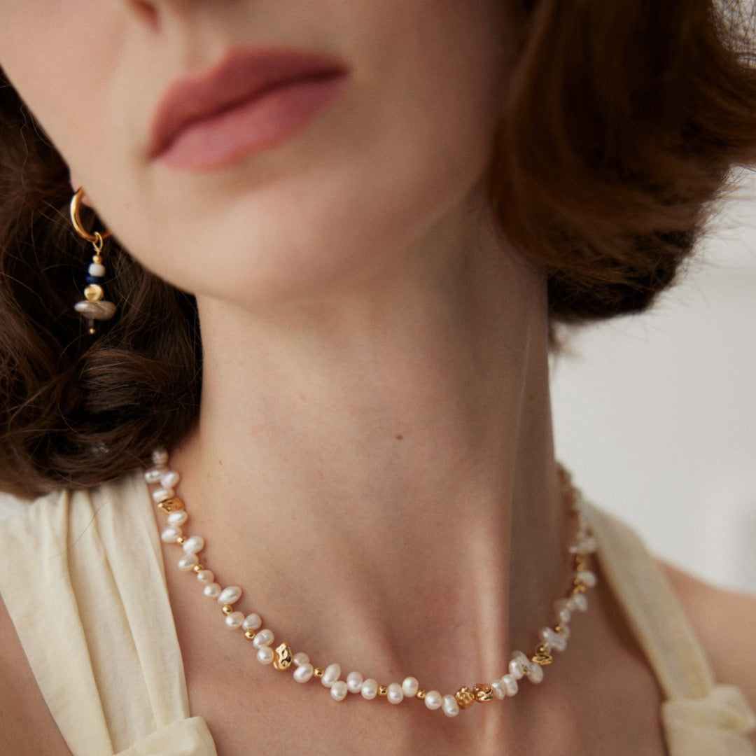 Natural Pearl & Textured Gold Bead Necklace