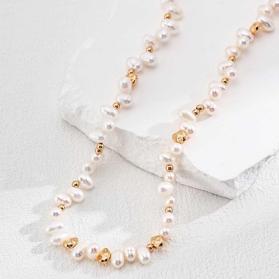 Natural Pearl & Textured Gold Bead Necklace