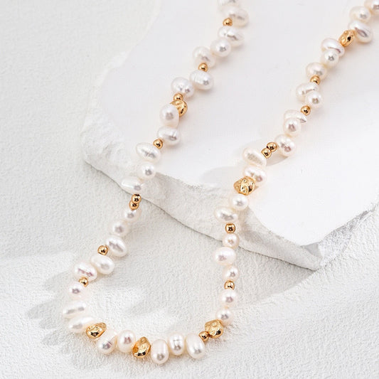 Natural Pearl & Textured Gold Bead Necklace