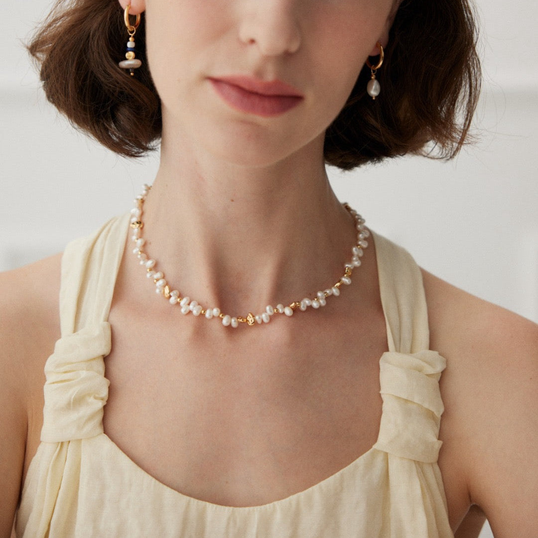 Natural Pearl & Textured Gold Bead Necklace