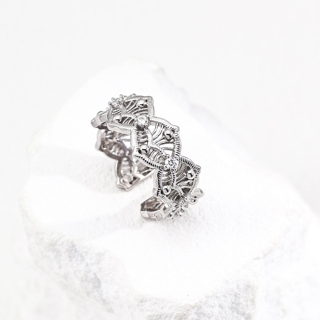 Intricate Lace-Inspired Zirconia Open Ring Sterling Silver