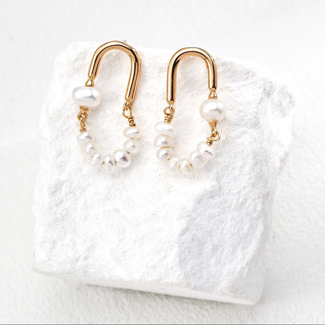 Curved Hoop Natural Pearl Earrings with Gold U-Hoop