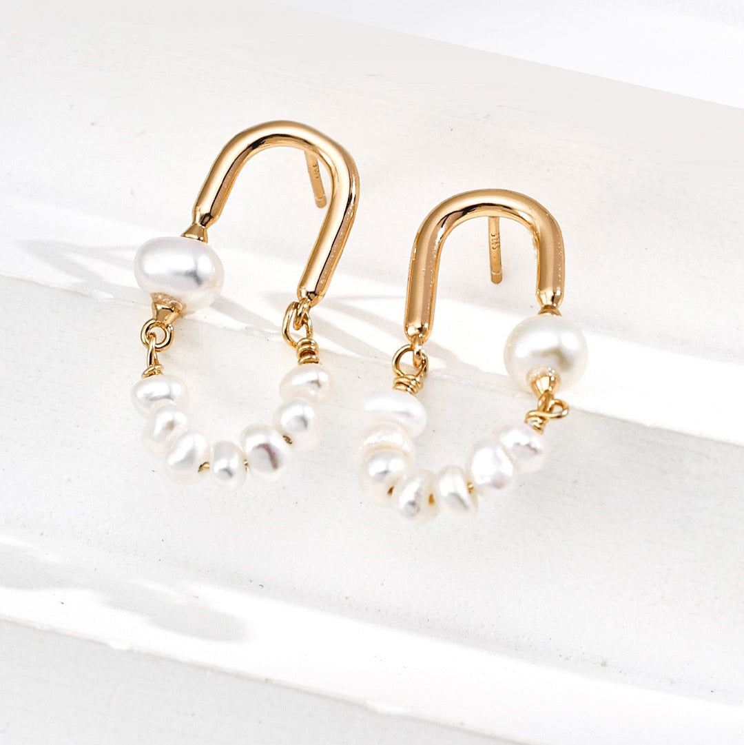 Curved Hoop Natural Pearl Earrings with Gold U-Hoop