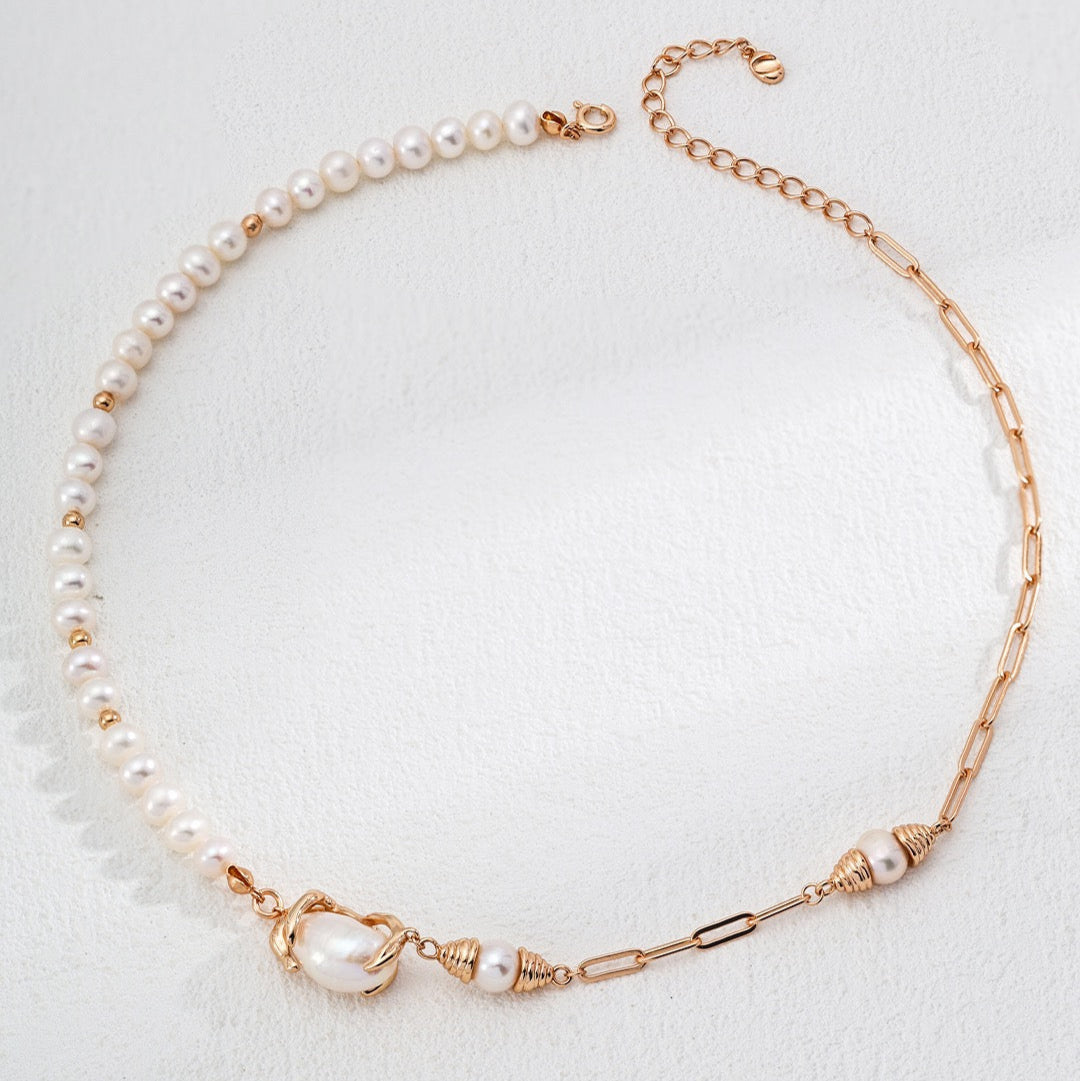 Asymmetric Natural Pearl & Gold Link Necklace with Baroque