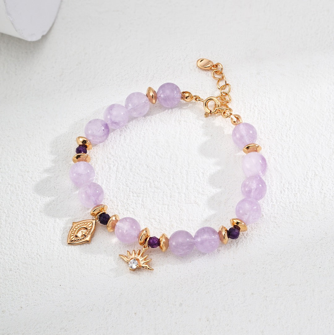 Lavender Amethyst Beaded Charm Bracelet with Gold Charms