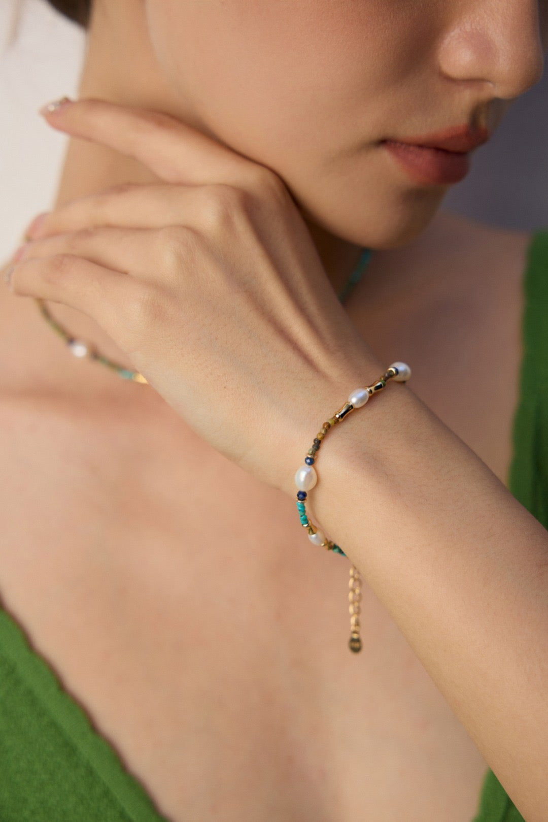 Turquoise & Pearl Beaded Bracelet and Necklace Set