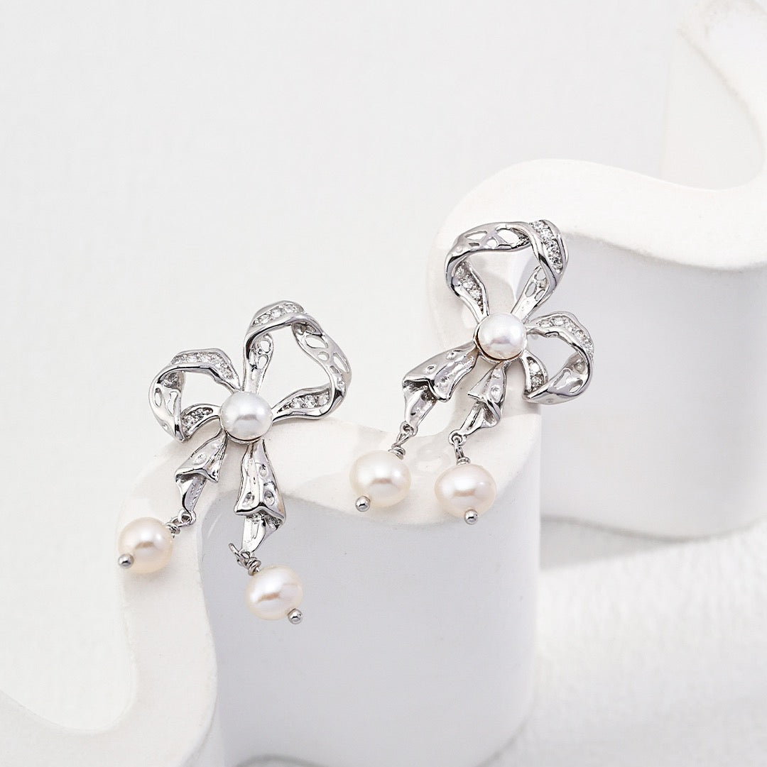Bow-Tied Elegance Pearl Earrings with Sterling Silver Bow