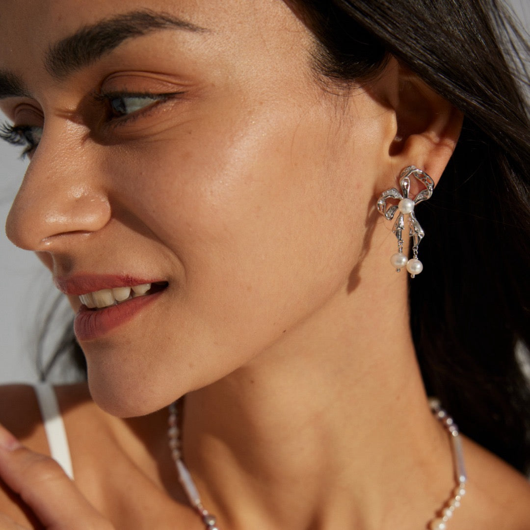 Bow-Tied Elegance Pearl Earrings with Sterling Silver Bow
