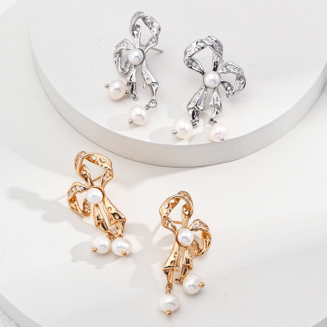 Bow-Tied Elegance Pearl Earrings with Sterling Silver Bow