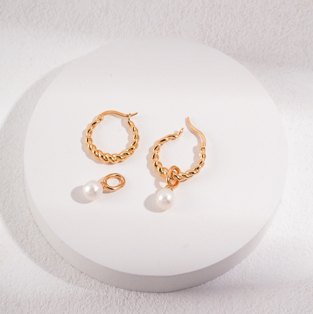 Twisted Hoop Earrings with Detachable Freshwater Pearls