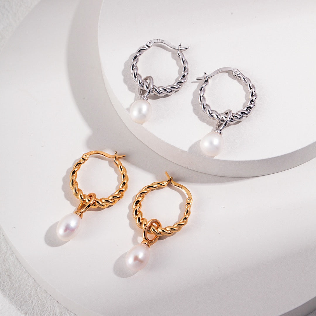 Twisted Hoop Earrings with Detachable Freshwater Pearls