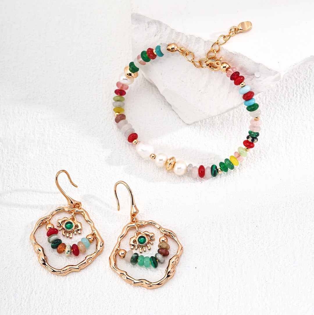 Dopamine Colored Gemstone & Pearl Jewelry Set Necklace