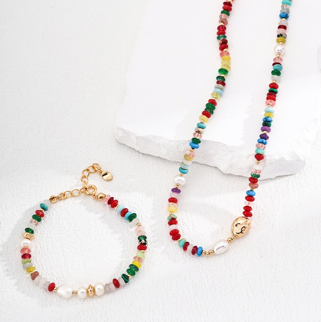 Dopamine Colored Gemstone & Pearl Jewelry Set Necklace