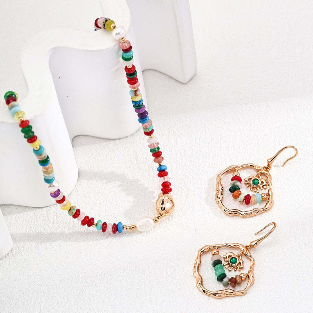 Dopamine Colored Gemstone & Pearl Jewelry Set Necklace