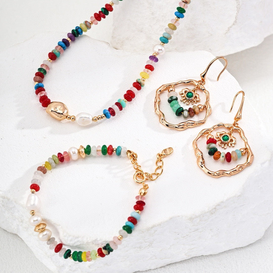 Dopamine Colored Gemstone & Pearl Jewelry Set Necklace