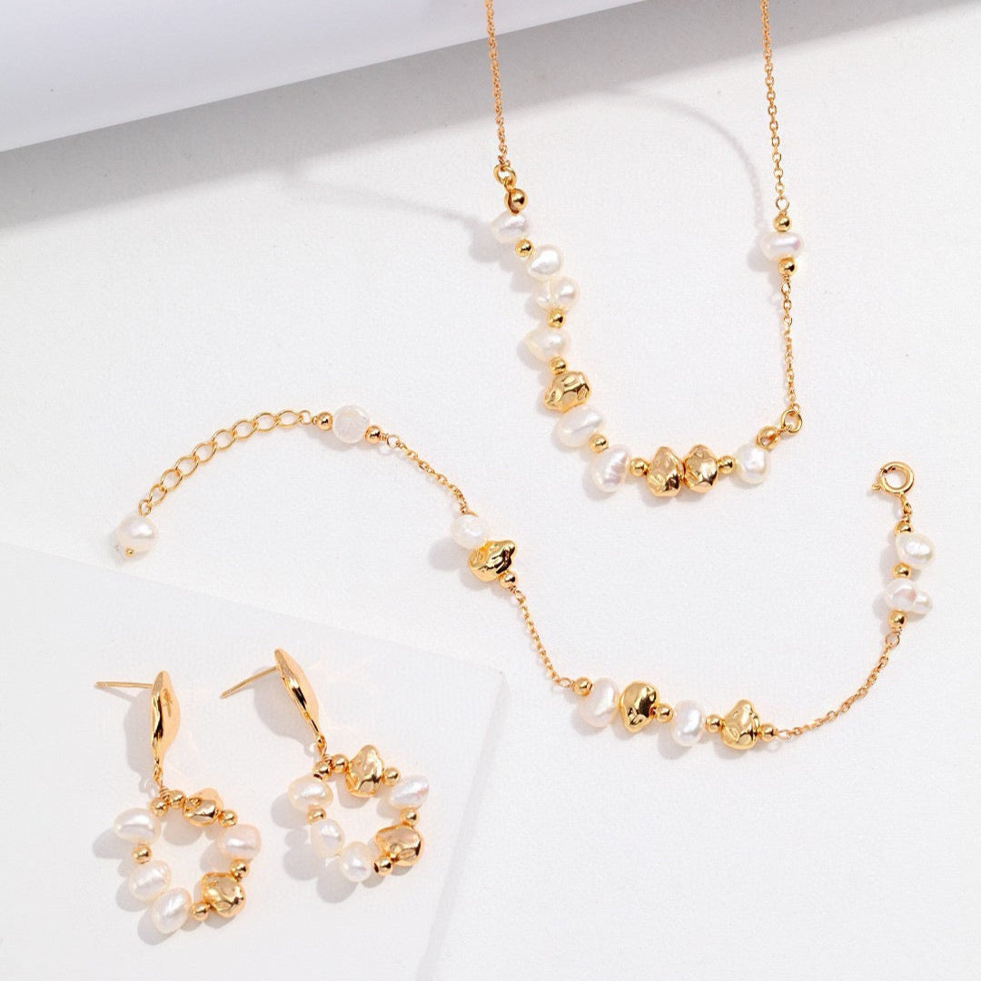 Golden Whisper Pearl Set Necklace Bracelet Earrings Jewelry