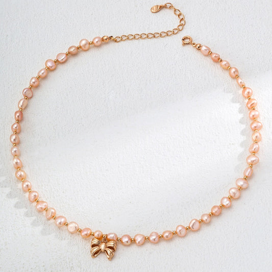 Blush Elegance Freshwater Pearl Necklace with Bow Charm
