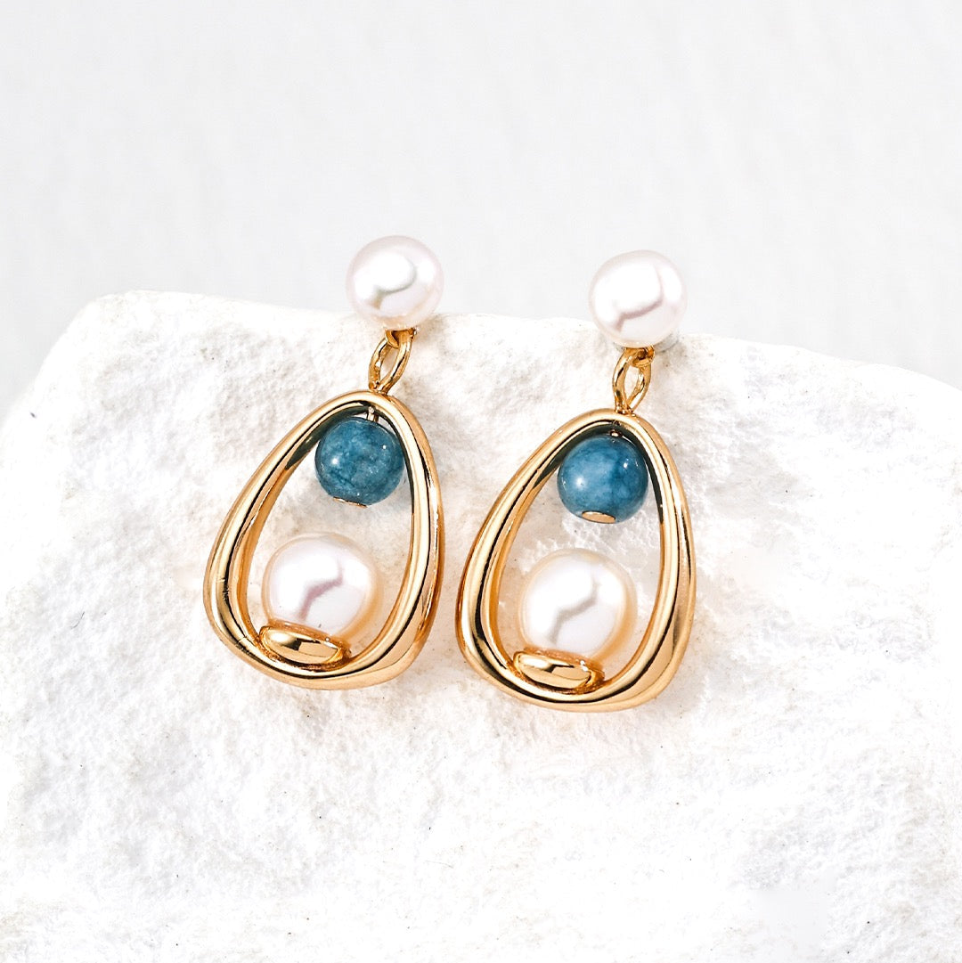 Golden Glow Drop Earrings – Pearl & Blue Stone