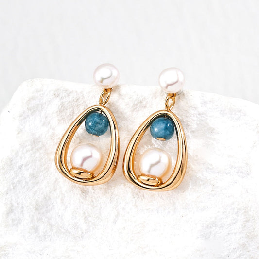 Golden Glow Drop Earrings – Pearl & Blue Stone