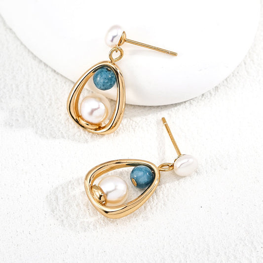 Golden Glow Drop Earrings – Pearl & Blue Stone