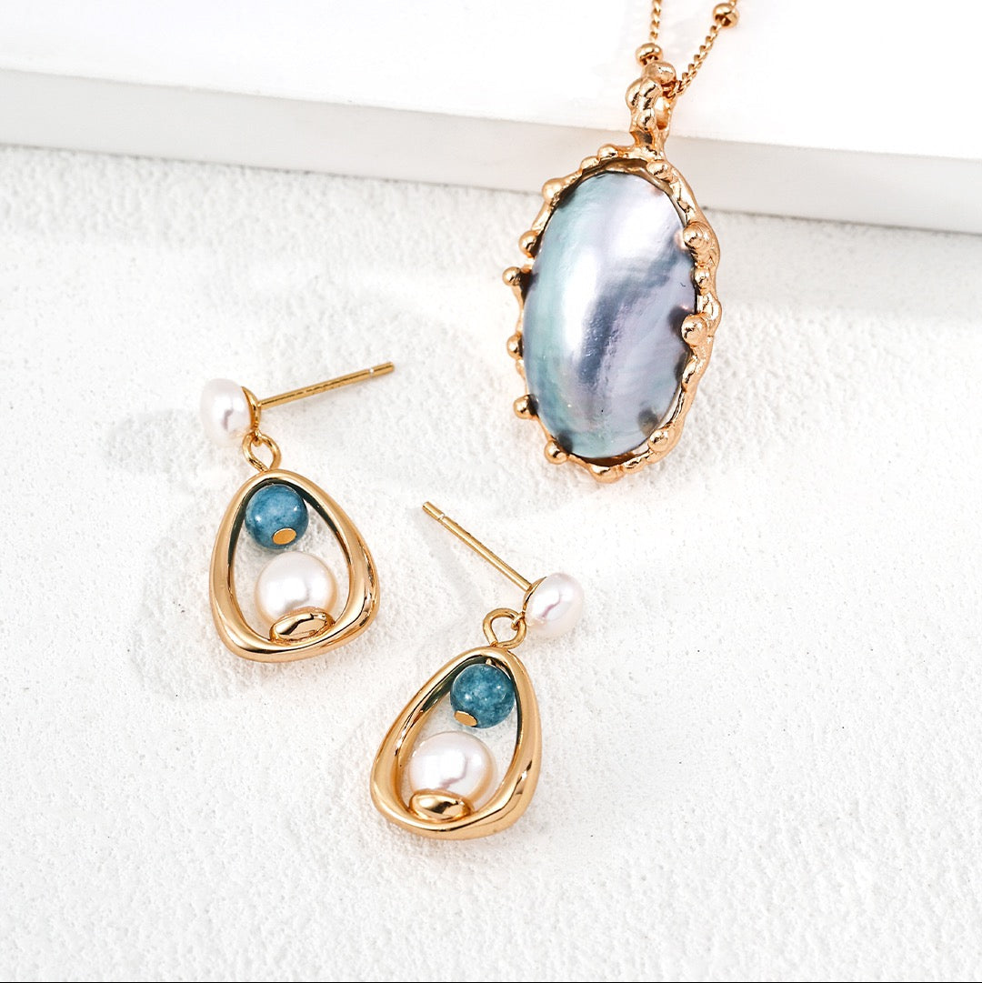 Golden Glow Drop Earrings – Pearl & Blue Stone