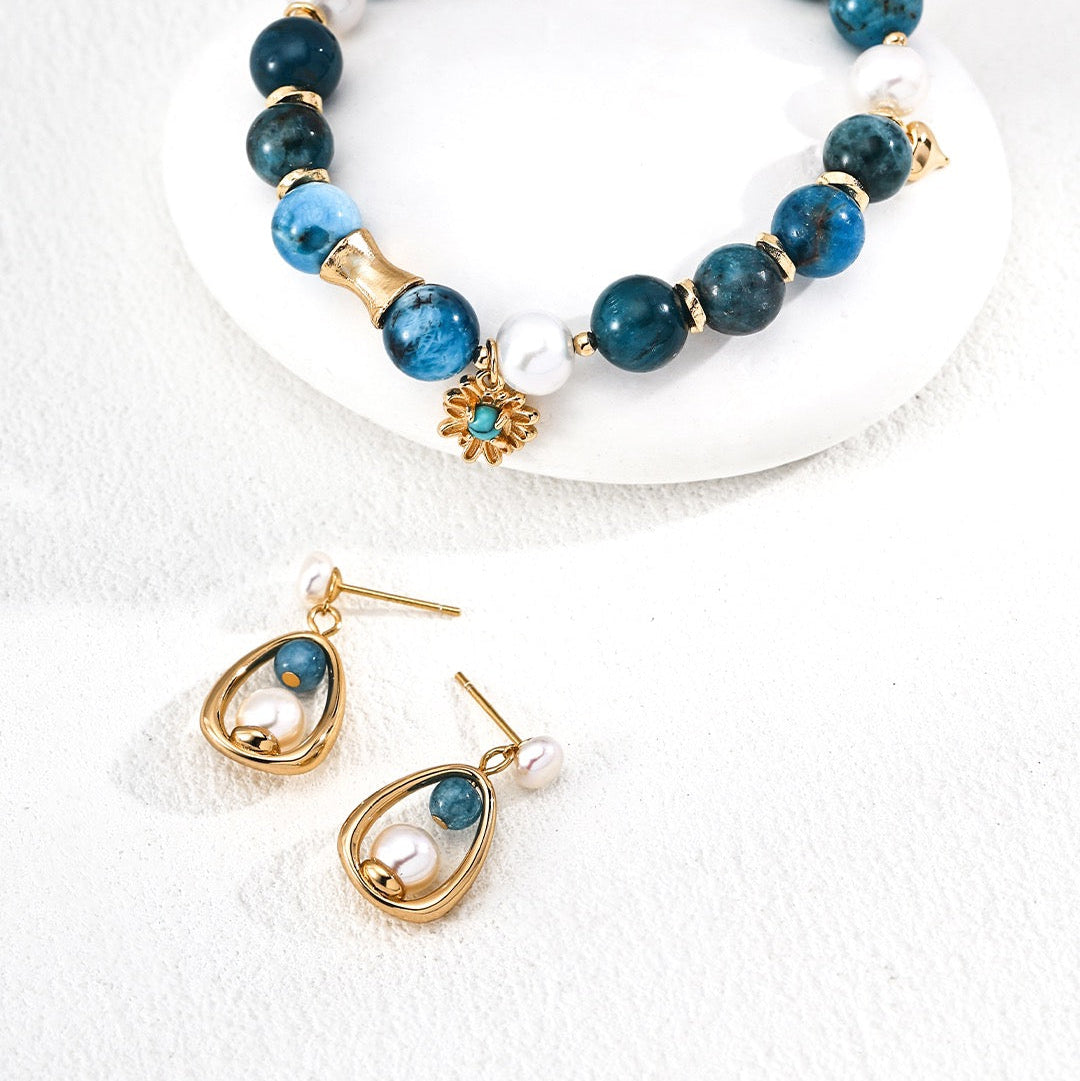 Golden Glow Drop Earrings – Pearl & Blue Stone