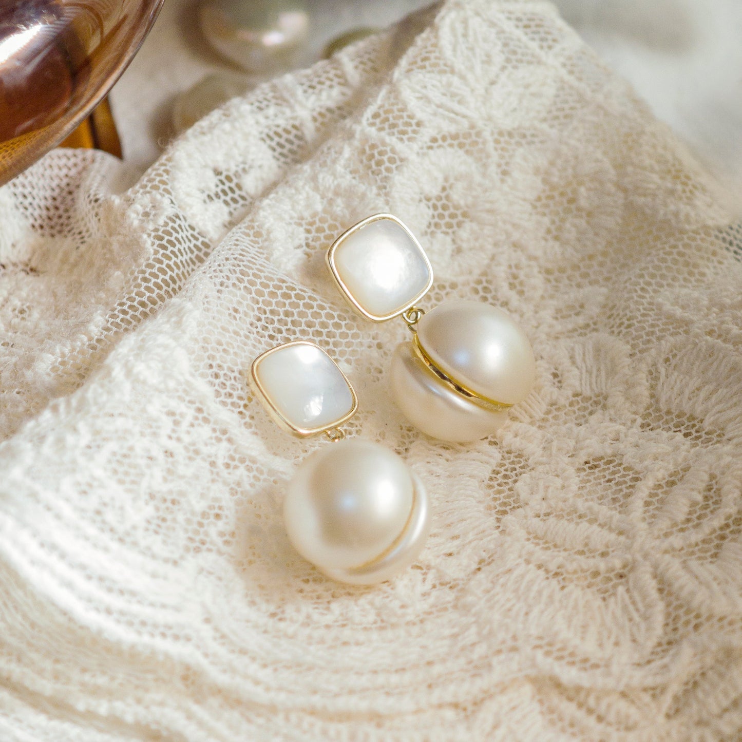 Matte Shell & Pearl Silver Stud Earrings