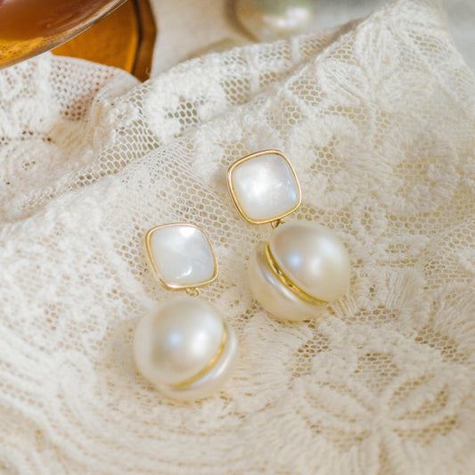 Matte Shell & Pearl Silver Stud Earrings